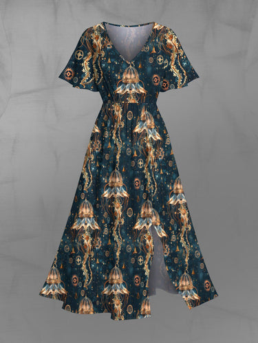 Gothic Plus Size Cyberpunk Jellyfish Print Split Pocket A Line Midi Dress