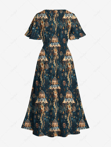 Gothic Plus Size Cyberpunk Jellyfish Print Split Pocket A Line Midi Dress