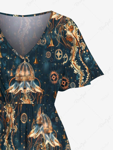 Gothic Plus Size Cyberpunk Jellyfish Print Split Pocket A Line Midi Dress