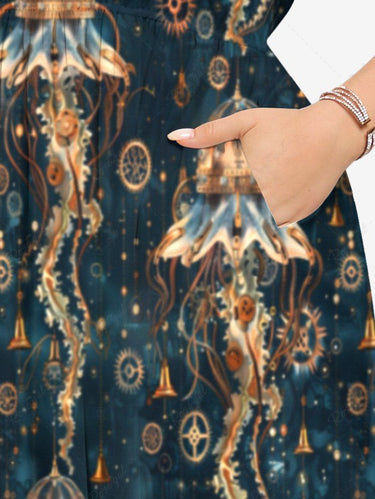 Gothic Plus Size Cyberpunk Jellyfish Print Split Pocket A Line Midi Dress