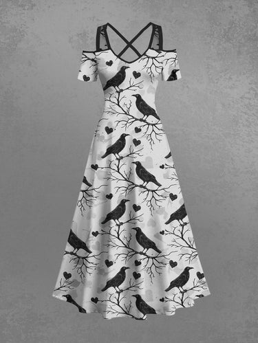 Gothic Plus Size Branch Bird Heart Print Cold Shoulder Crisscross Strappy A Line Maxi Dress