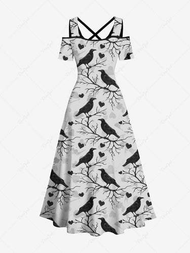 Gothic Plus Size Branch Bird Heart Print Cold Shoulder Crisscross Strappy A Line Maxi Dress