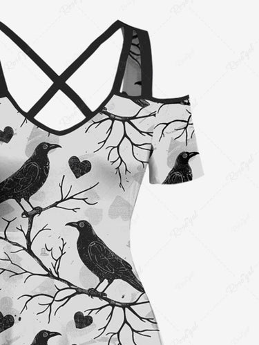 Gothic Plus Size Branch Bird Heart Print Cold Shoulder Crisscross Strappy A Line Maxi Dress