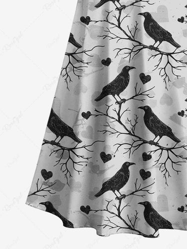 Gothic Plus Size Branch Bird Heart Print Cold Shoulder Crisscross Strappy A Line Maxi Dress