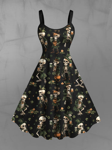 Gothic Plus Size Skeleton Beer Leaf Print A Line Dress
