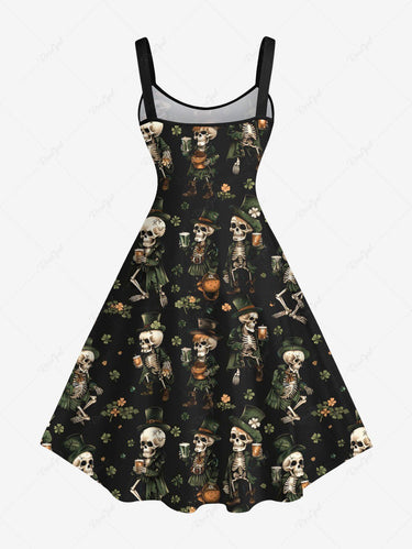 Gothic Plus Size Skeleton Beer Leaf Print A Line Dress