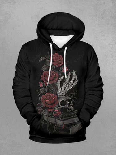 Gothic Plus Size Skull Skeleton Rose Flower Book Print Pullover Long Sleeves Hoodie For Men