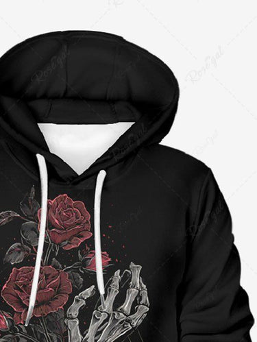 Gothic Plus Size Skull Skeleton Rose Flower Book Print Pullover Long Sleeves Hoodie For Men