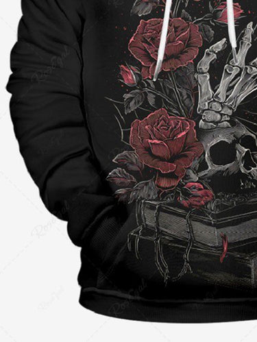 Gothic Plus Size Skull Skeleton Rose Flower Book Print Pullover Long Sleeves Hoodie For Men