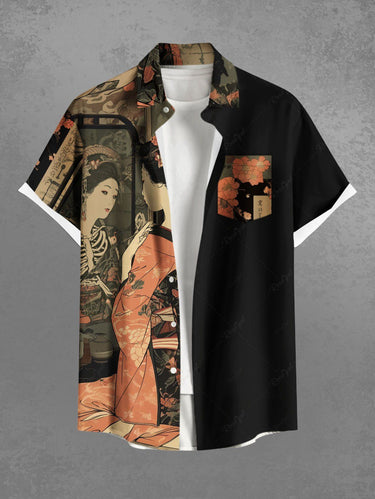 Gothic Plus Size Ukiyoe Skeleton Flower Print Button Pocket Shirt For Men