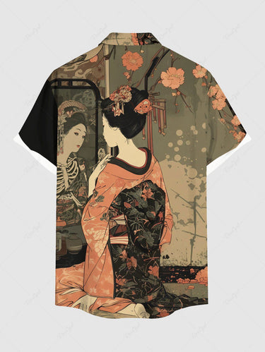 Gothic Plus Size Ukiyoe Skeleton Flower Print Button Pocket Shirt For Men