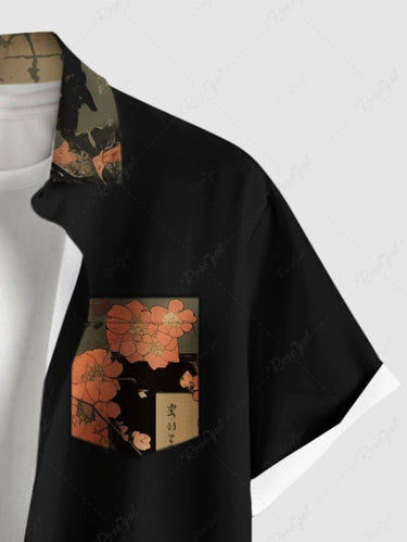 Gothic Plus Size Ukiyoe Skeleton Flower Print Button Pocket Shirt For Men