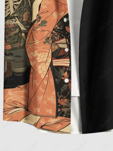 Gothic Plus Size Ukiyoe Skeleton Flower Print Button Pocket Shirt For Men
