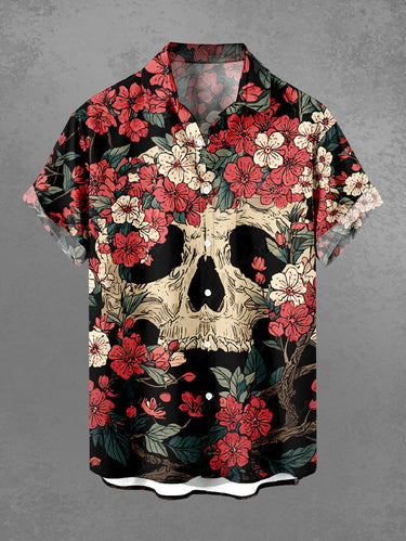 Gothic Plus Size Skull Tree Flower Print Button Pocket Shirt For Men