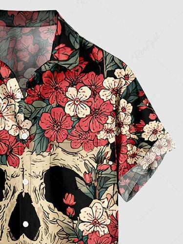 Gothic Plus Size Skull Tree Flower Print Button Pocket Shirt For Men