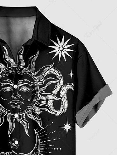 Gothic Plus Size Sun Moon Star Octopus Print Button Pocket Shirt For Men