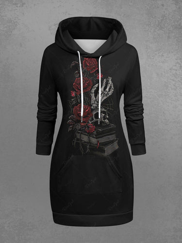 Gothic Plus Size Skull Skeleton Rose Flower Book Print Pullover Long Sleeves Hoodie
