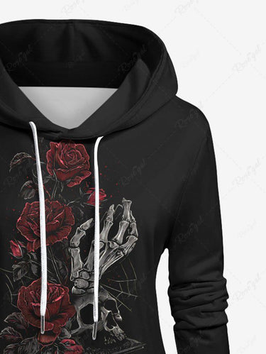 Gothic Plus Size Skull Skeleton Rose Flower Book Print Pullover Long Sleeves Hoodie