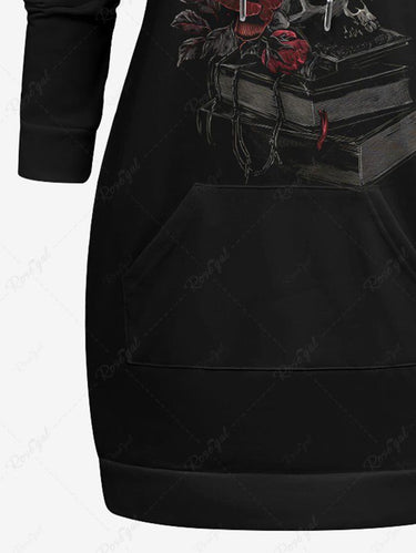 Gothic Plus Size Skull Skeleton Rose Flower Book Print Pullover Long Sleeves Hoodie