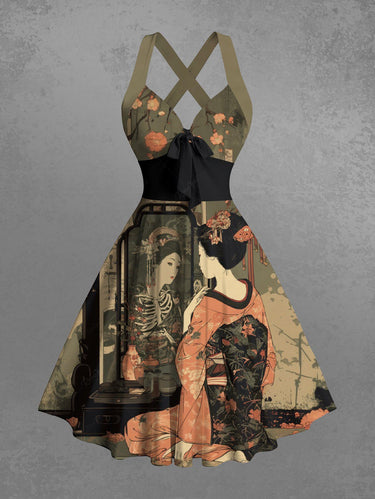 Gothic Ukiyoe Skeleton Flower Print Crisscross Strappy Halter A Line Dress