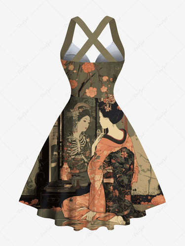 Gothic Ukiyoe Skeleton Flower Print Crisscross Strappy Halter A Line Dress
