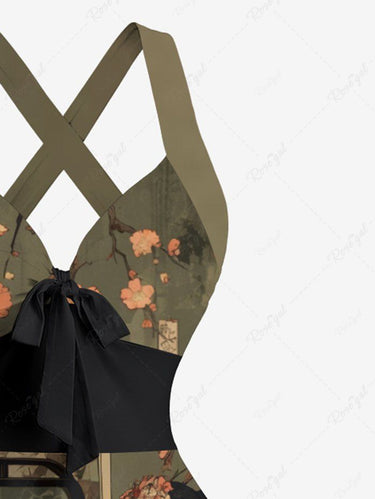 Gothic Ukiyoe Skeleton Flower Print Crisscross Strappy Halter A Line Dress