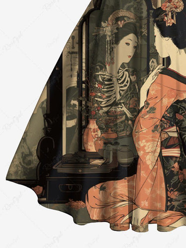 Gothic Ukiyoe Skeleton Flower Print Crisscross Strappy Halter A Line Dress