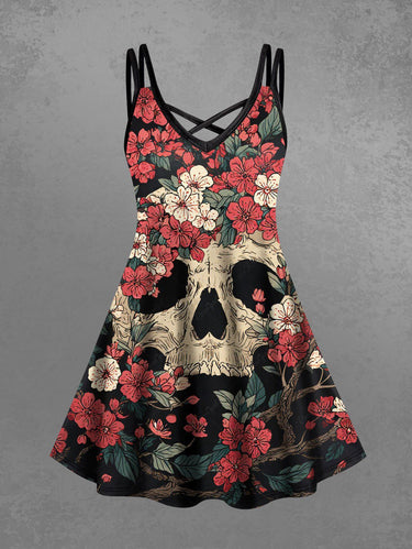Gothic Plus Size Skull Tree Flower Print Crisscross Strappy A Line Cami Dress