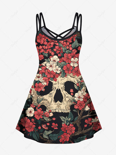 Gothic Plus Size Skull Tree Flower Print Crisscross Strappy A Line Cami Dress