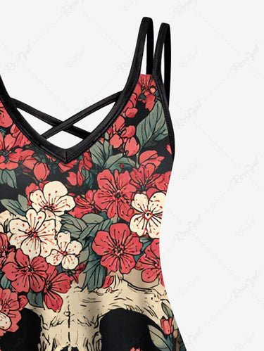 Gothic Plus Size Skull Tree Flower Print Crisscross Strappy A Line Cami Dress