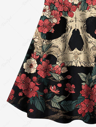 Gothic Plus Size Skull Tree Flower Print Crisscross Strappy A Line Cami Dress