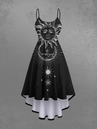 Gothic Plus Size Sun Moon Star Octopus Print High Low Asymmetric Cami Dress