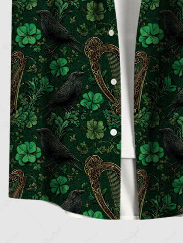 Gothic Plus Size Leaf Crow Harp Print Button Pocket Shirt For Men