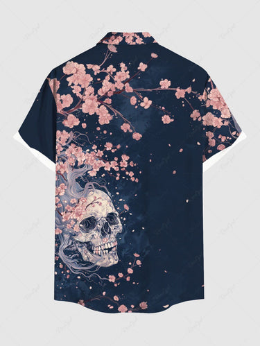 Gothic Plus Size Skull Tree Branch Flower Print Button Pocket Shirt For Men