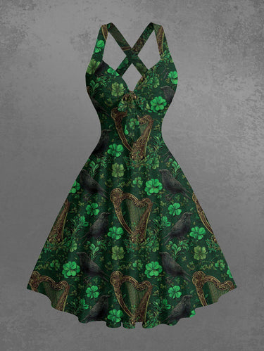 Gothic Leaf Crow Harp Print Crisscross Strappy Halter A Line Dress