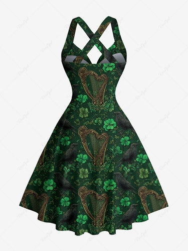 Gothic Leaf Crow Harp Print Crisscross Strappy Halter A Line Dress