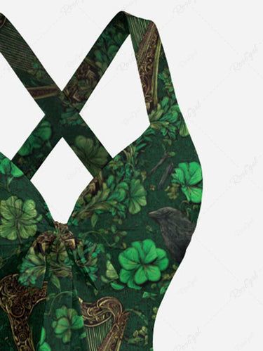 Gothic Leaf Crow Harp Print Crisscross Strappy Halter A Line Dress