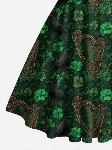 Gothic Leaf Crow Harp Print Crisscross Strappy Halter A Line Dress