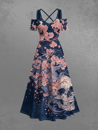 Gothic Plus Size Skull Tree Branch Flower Print Cold Shoulder Crisscross A Line Maxi Dress