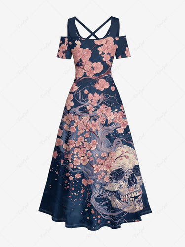 Gothic Plus Size Skull Tree Branch Flower Print Cold Shoulder Crisscross A Line Maxi Dress