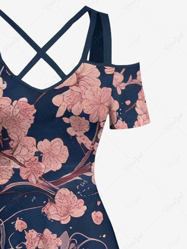 Gothic Plus Size Skull Tree Branch Flower Print Cold Shoulder Crisscross A Line Maxi Dress