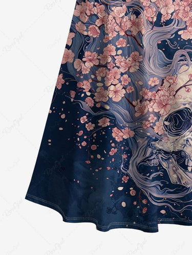 Gothic Plus Size Skull Tree Branch Flower Print Cold Shoulder Crisscross A Line Maxi Dress