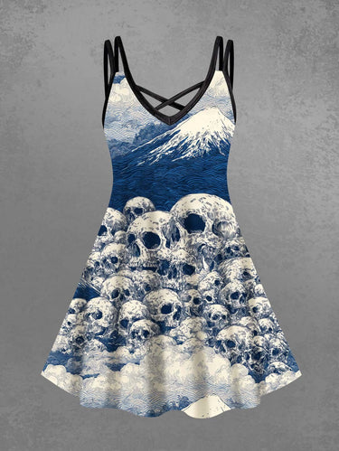 Gothic Plus Size Skull Mountain Cloud Print Crisscross Strappy A Line Cami Dress