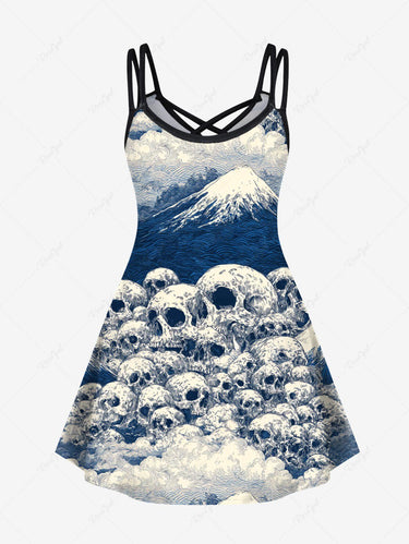 Gothic Plus Size Skull Mountain Cloud Print Crisscross Strappy A Line Cami Dress
