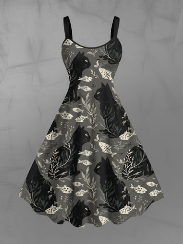 Gothic Plus Size Cat Fish Leaf Branch Print A Line Dress