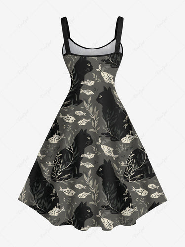 Gothic Plus Size Cat Fish Leaf Branch Print A Line Dress