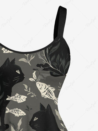 Gothic Plus Size Cat Fish Leaf Branch Print A Line Dress