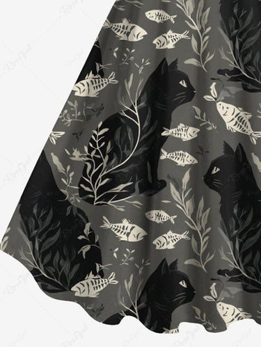 Gothic Plus Size Cat Fish Leaf Branch Print A Line Dress