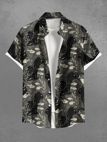 Gothic Plus Size Cat Fish Leaf Branch Print Button Pocket Shirt For Men