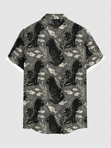 Gothic Plus Size Cat Fish Leaf Branch Print Button Pocket Shirt For Men